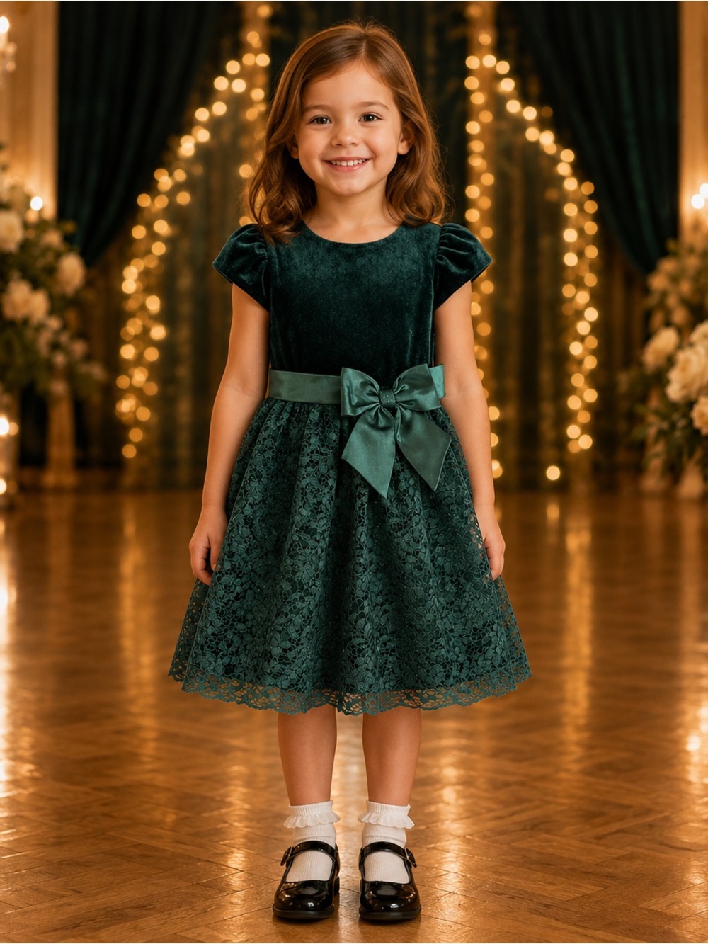 Jona Michelle Girls 4T Emerald Velvet Lace Holiday Dress Bow EUC